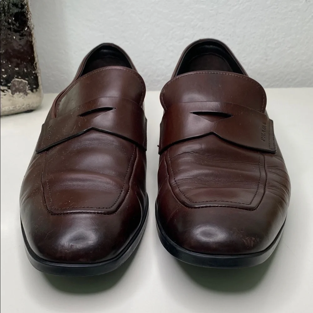 Prada‎ Penny Loafers Brown Brushed Leather Slip On Size UK8/US9 Authenticated